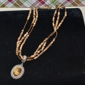 Vintage Silver Plated Avon Tiger's Eye Beaded Costume Jewelry Necklace #63